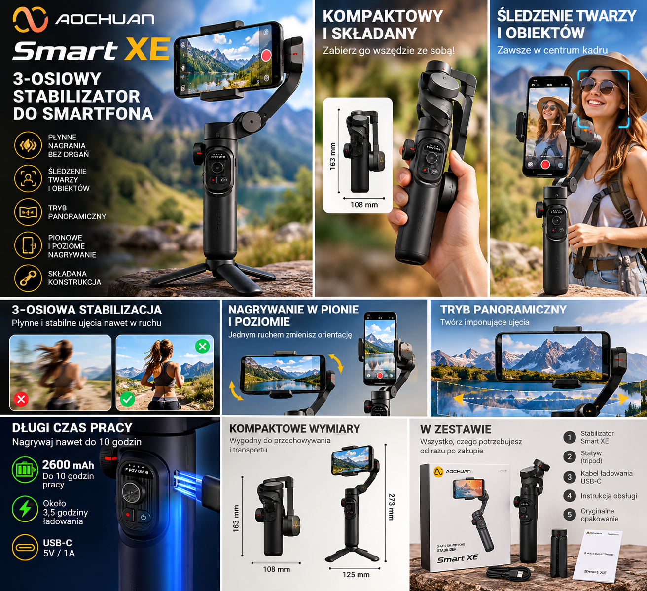 AOCHUAN Smart XE Gimbal do telefonu, stabilizator 3-osiowy, Bluetooth, USB-C, czarny